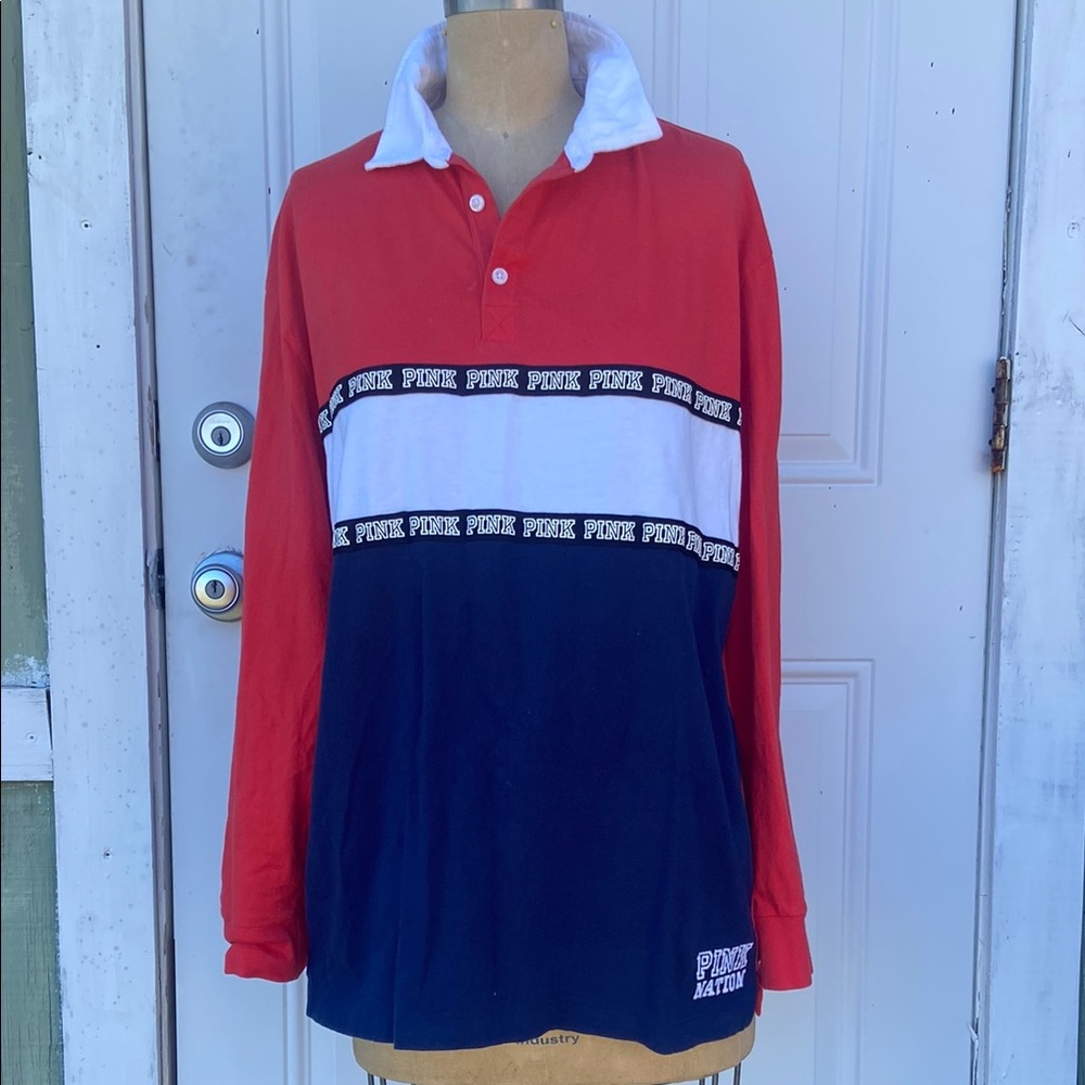 Victoria Secret Red Navy Blue Long Sleeve Polo Shirt Pink Nation!